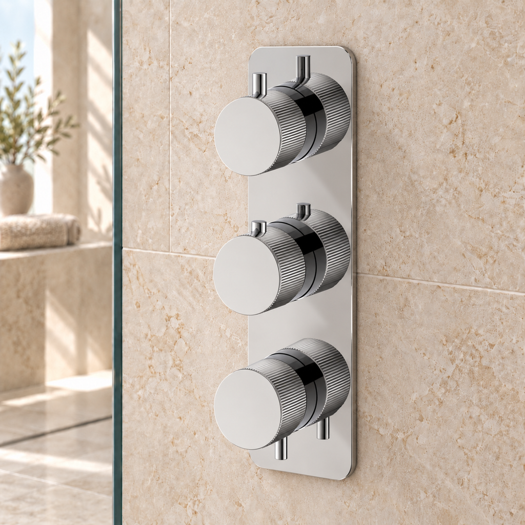 Knole Fluted Double Outlet Three Control Concealed Thermostatic Shower Valve