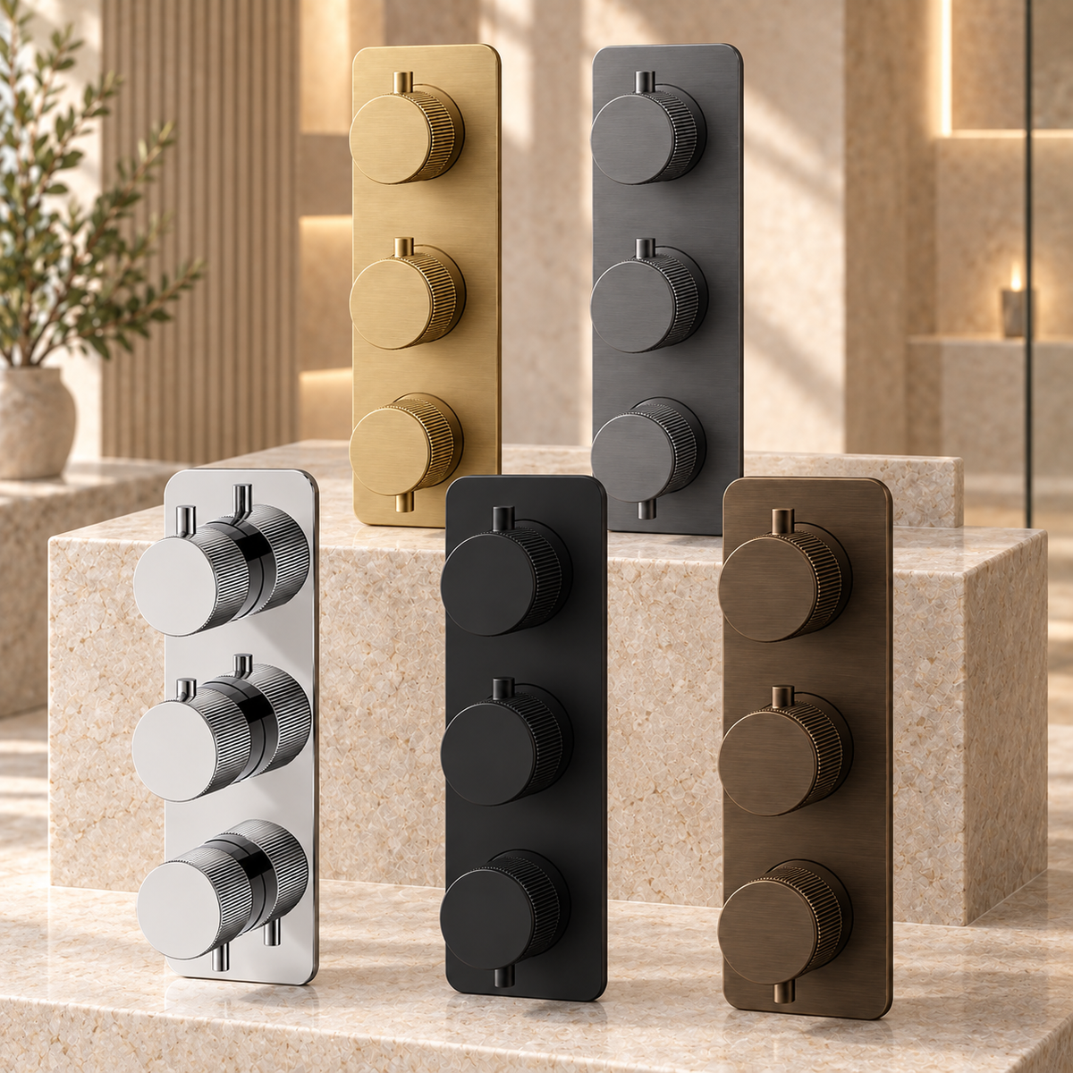 Knole Fluted Double Outlet Three Control Concealed Thermostatic Shower Valve