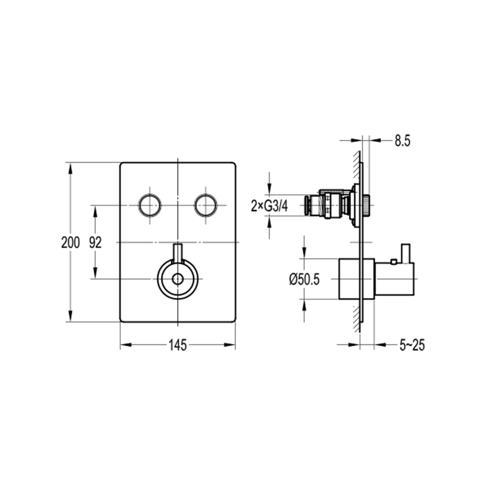 Levo Matt Black GoClick 2 Button Thermostatic Concealed Shower - Square