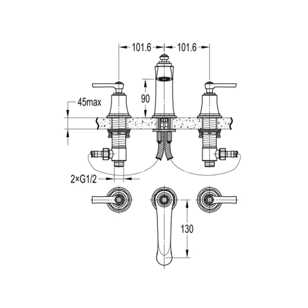 Flova Liberty 3-Hole Deck Mounted Basin Mixer with Clicker Waste