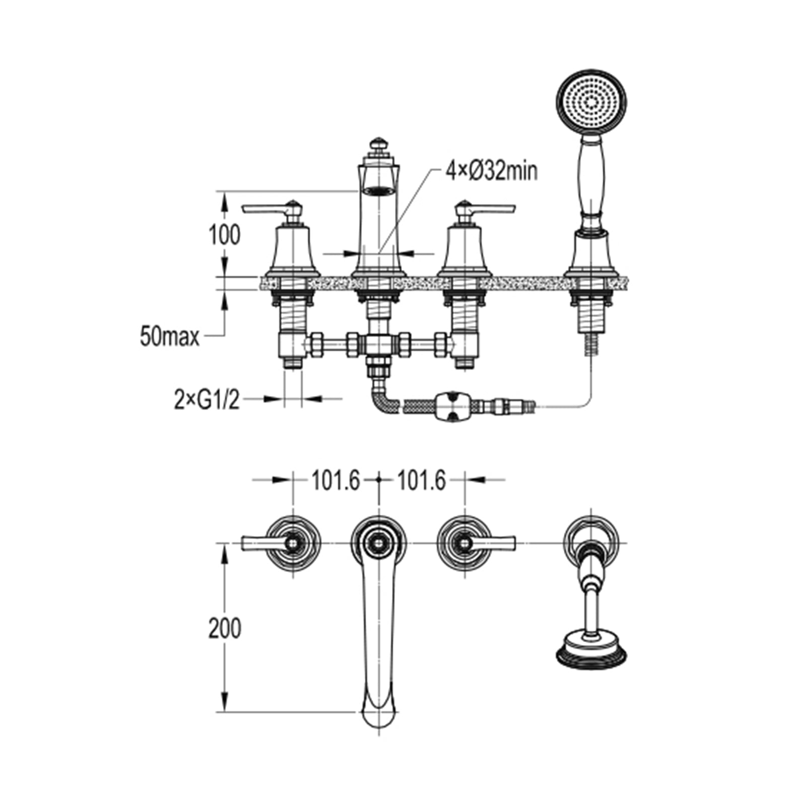 Flova Liberty 4-Hole Deck Mounted Bath Shower Mixer