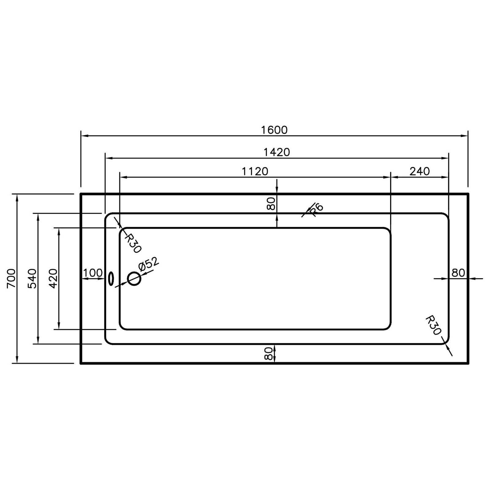 Montana 1600 x 700mm Single Ended Bath - Standard