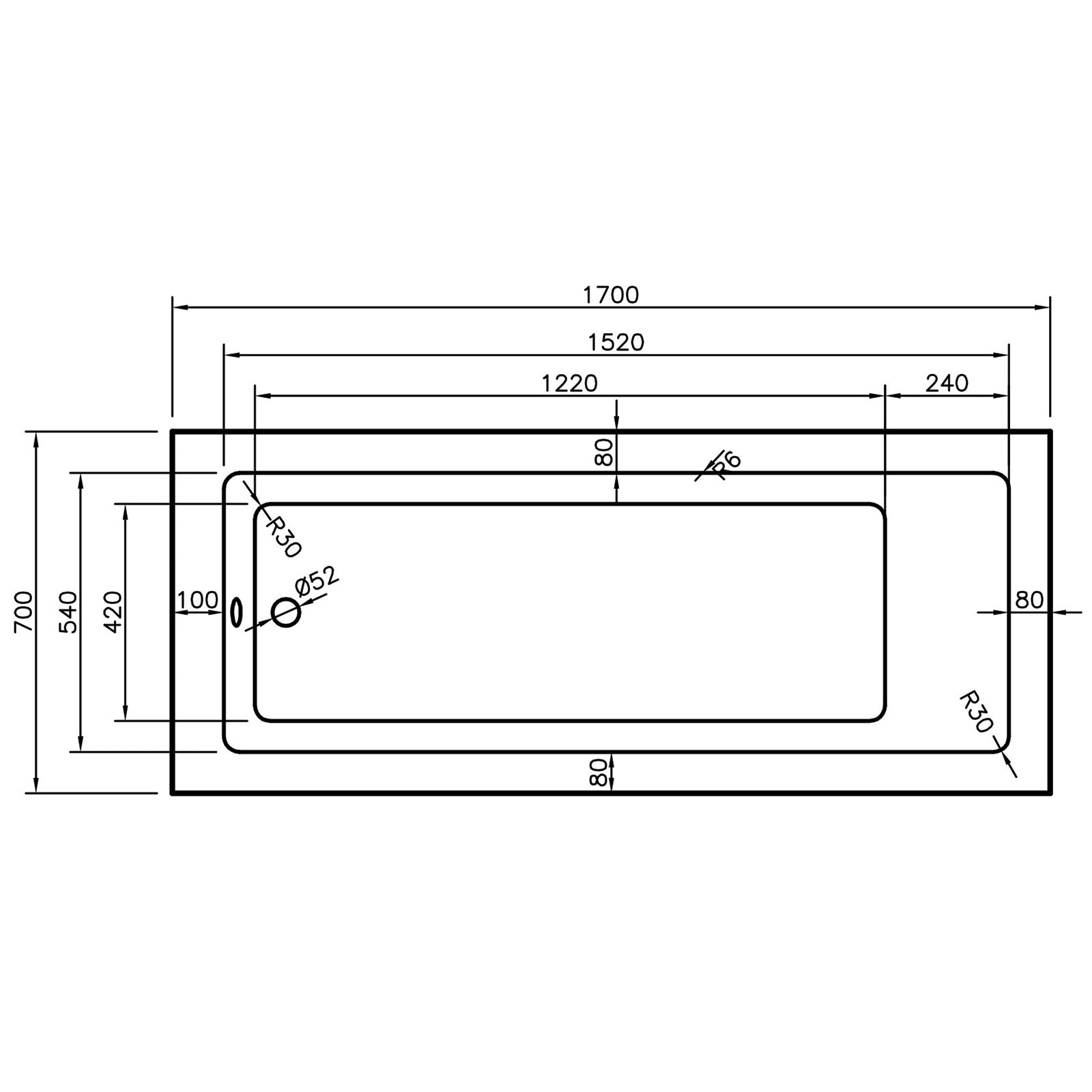 Montana 1700 x 700mm Single Ended Bath - Standard
