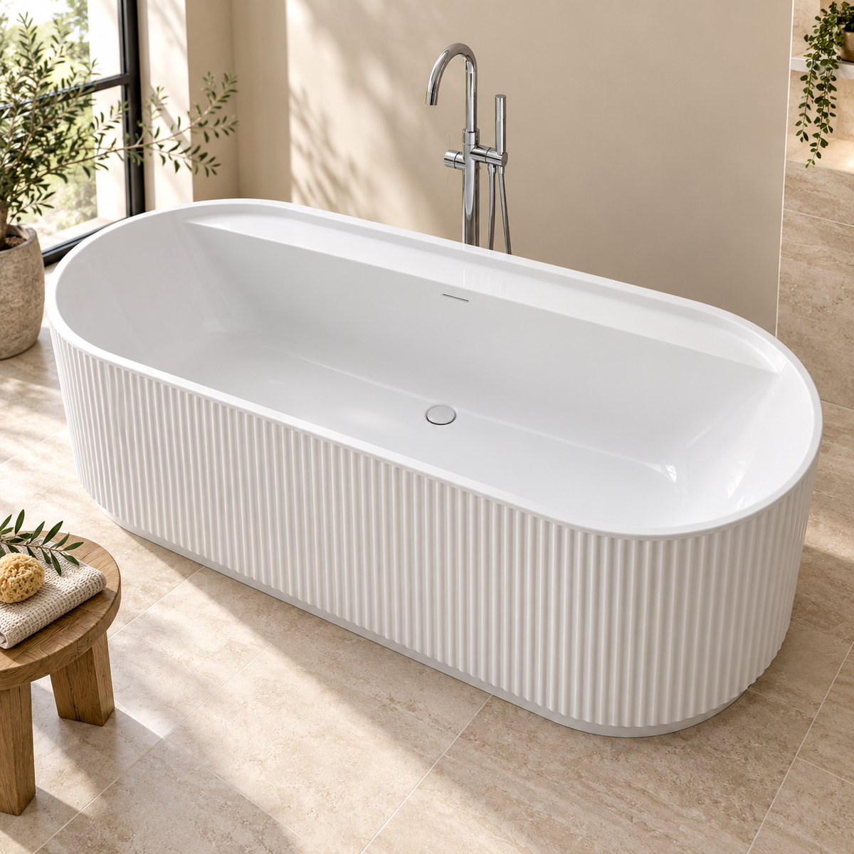 White fluted Naxos freestanding bath in a light stone bathroom with a chrome floor-standing bath filler.