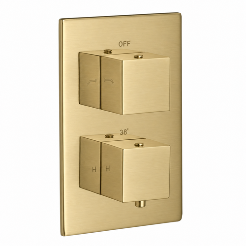 Nevada Square Twin Thermostatic Shower Valve – Brushed Brass, 2 Outlets