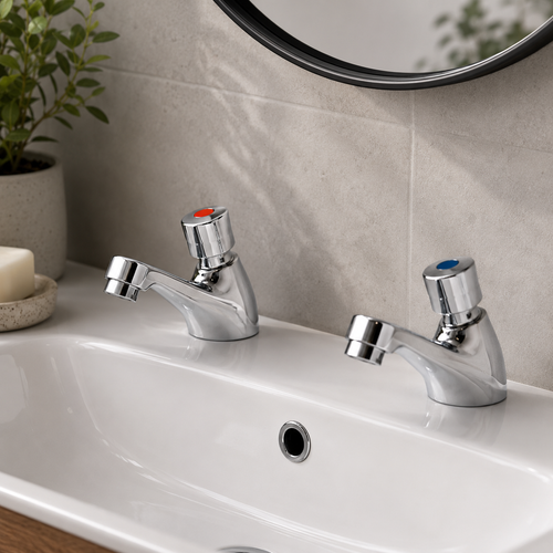 Non-Concussive Chrome Basin Taps (Pair) – Self-Closing Push Taps