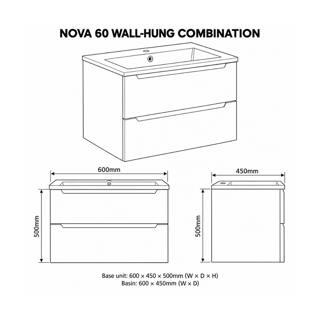 Nova 60 Wall-Hung 2-Drawer Vanity Unit & Padua Basin