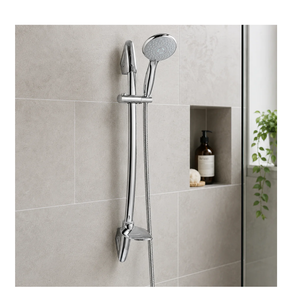 Ohio Rainfall Shower Kit with Slide Rail, Handset, Hose & Soap Dish – Chrome