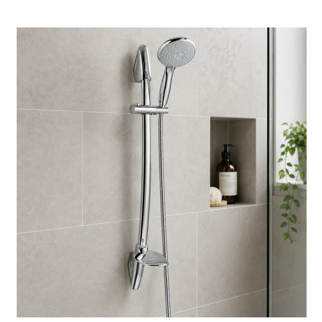 Ohio Rainfall Shower Kit with Slide Rail, Handset, Hose & Soap Dish – Chrome
