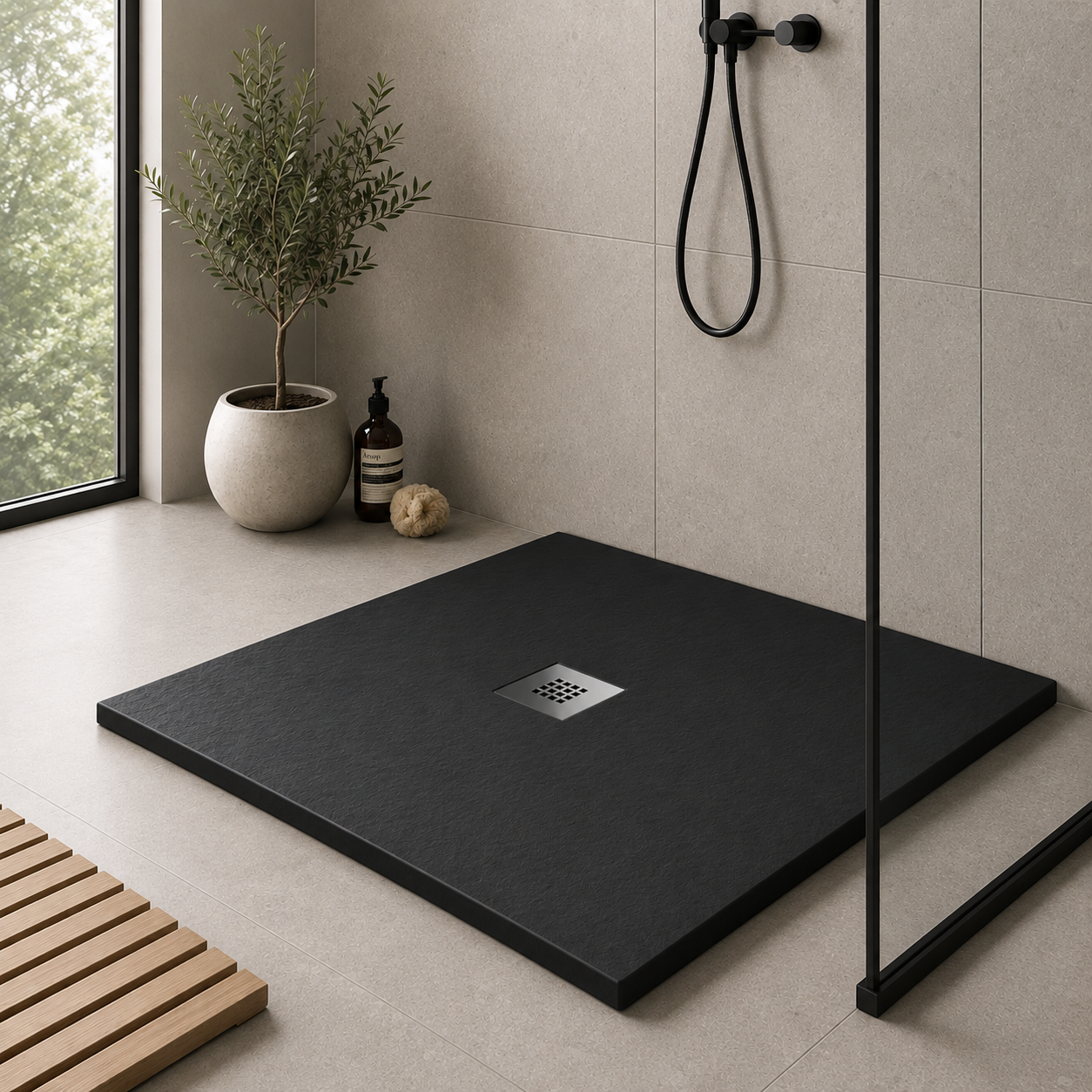 Oh My Shower Slate Square Mineral Composite Shower Tray with McAlpine Waste