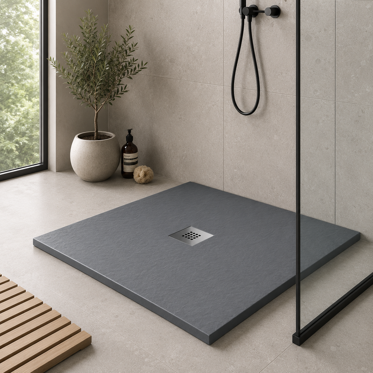 Oh My Shower Slate Square Mineral Composite Shower Tray with McAlpine Waste