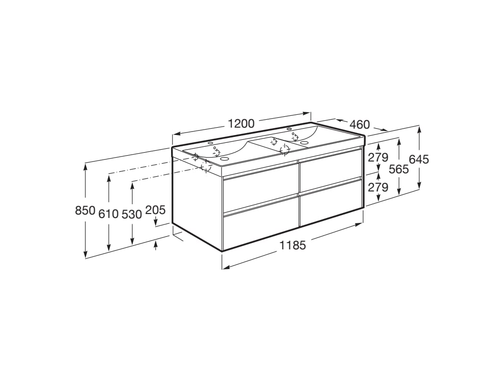 Roca Ona Unik 1200mm Four-Drawer Double Basin Vanity Unit – 5 Colour Options