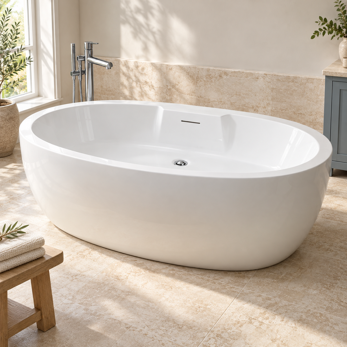 A freestanding oval bathtub in glossy white, shown in a bright bathroom with beige stone flooring and wall tiles, a chrome faucet, and small plants and a wooden stool nearby.
