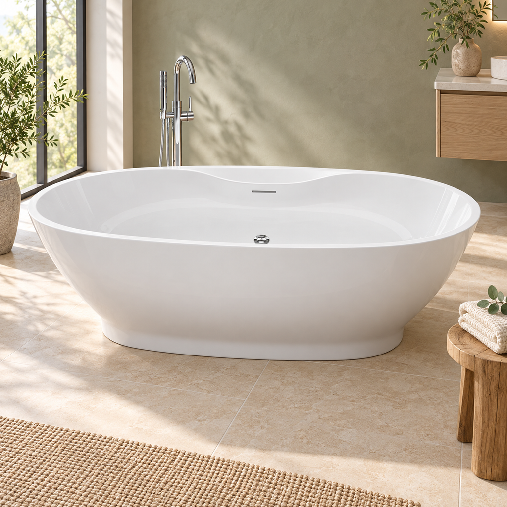 White Oregon freestanding bath with integrated tap ledge in a sage green bathroom with limestone flooring