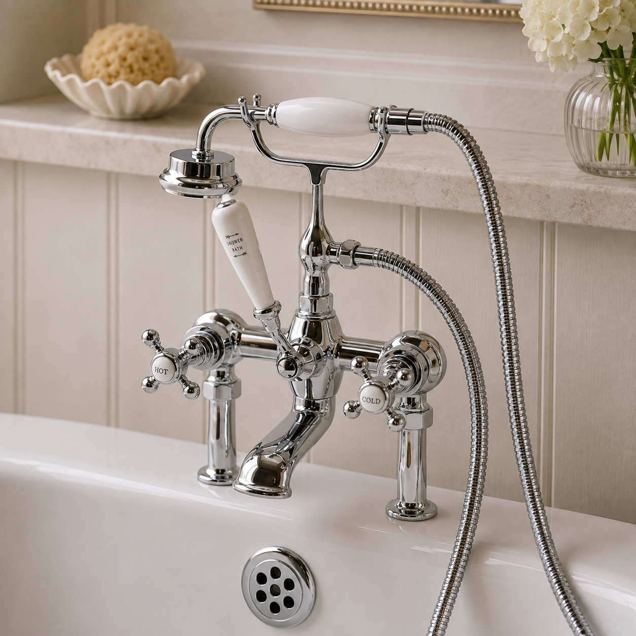 The Pantiles Traditional Deck Mounted Bath Shower Mixer with Shower Kit – Chrome