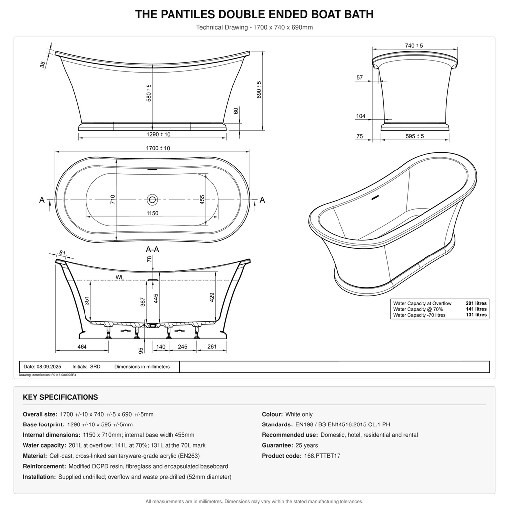 The Pantiles Traditional Double Ended Freestanding Boat Bath 1700mm