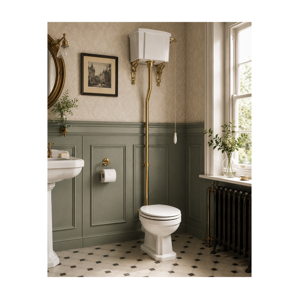 The Pantiles Traditional High Level WC Suite with Pull Chain Flush – 700mm Projection – Chrome or Brushed Brass