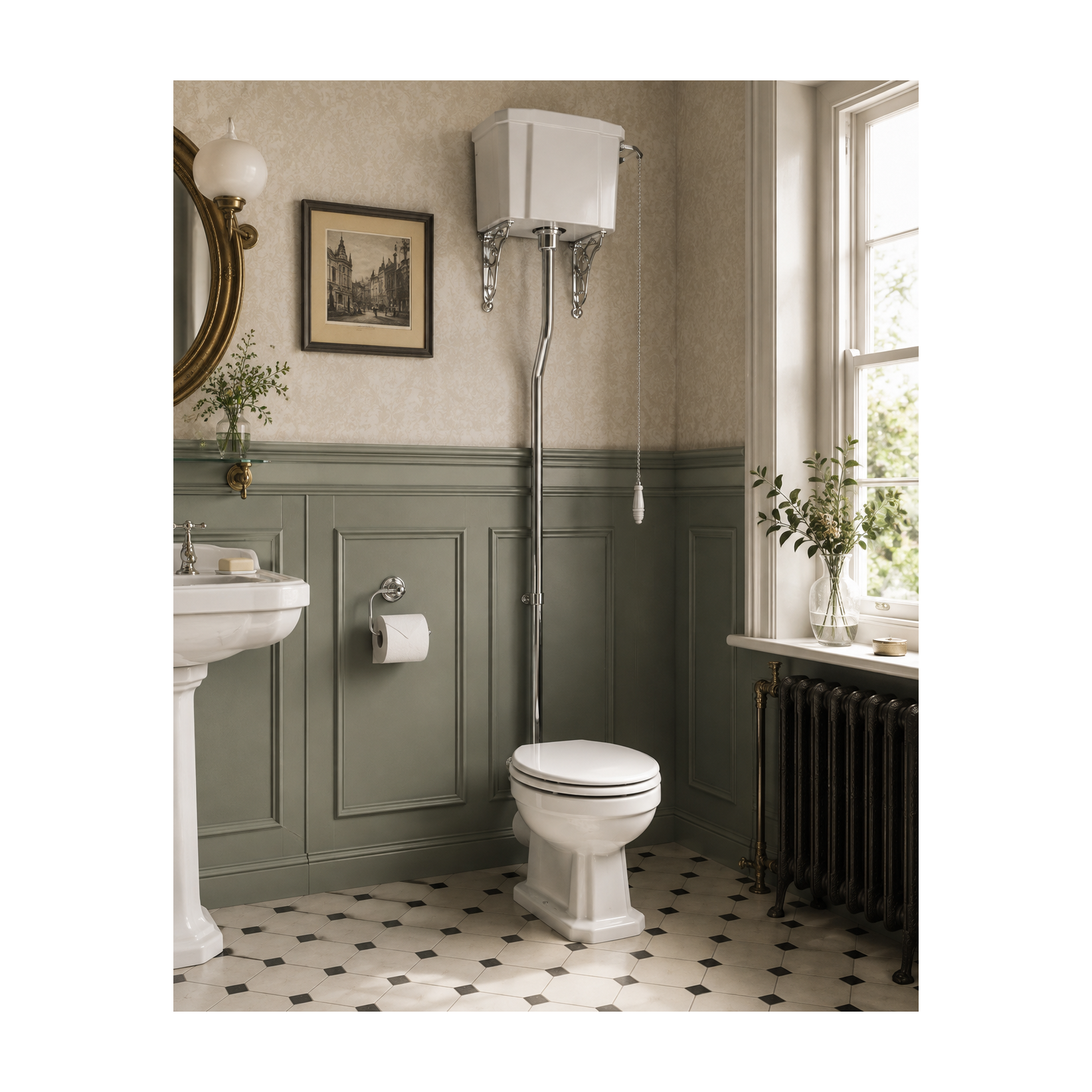 The Pantiles Traditional High Level WC Suite with Pull Chain Flush – 700mm Projection – Chrome or Brushed Brass
