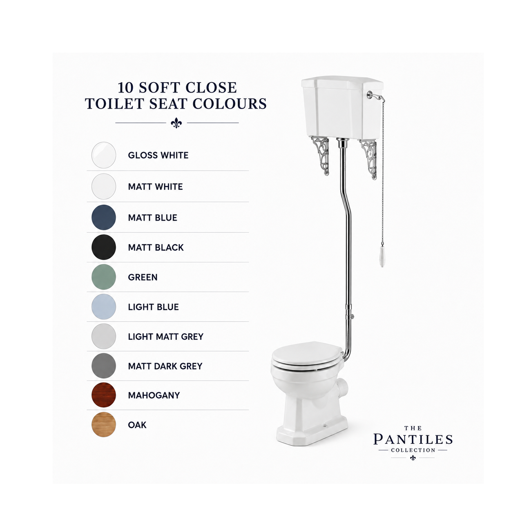 The Pantiles Traditional High Level WC Suite with Pull Chain Flush – 700mm Projection – Chrome or Brushed Brass