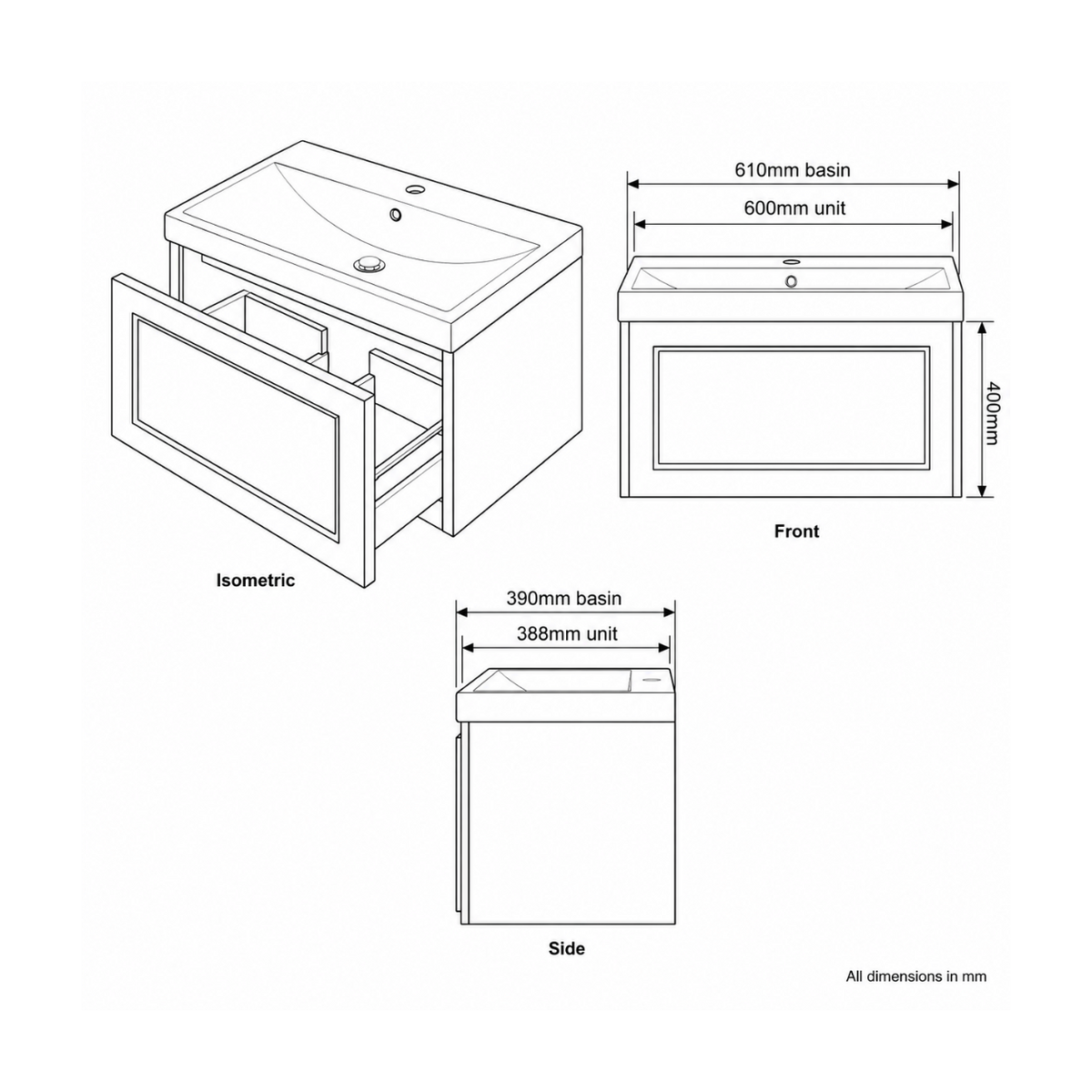 Pisa 60 Wall-Hung 1-Drawer Vanity Unit & Naxos Basin