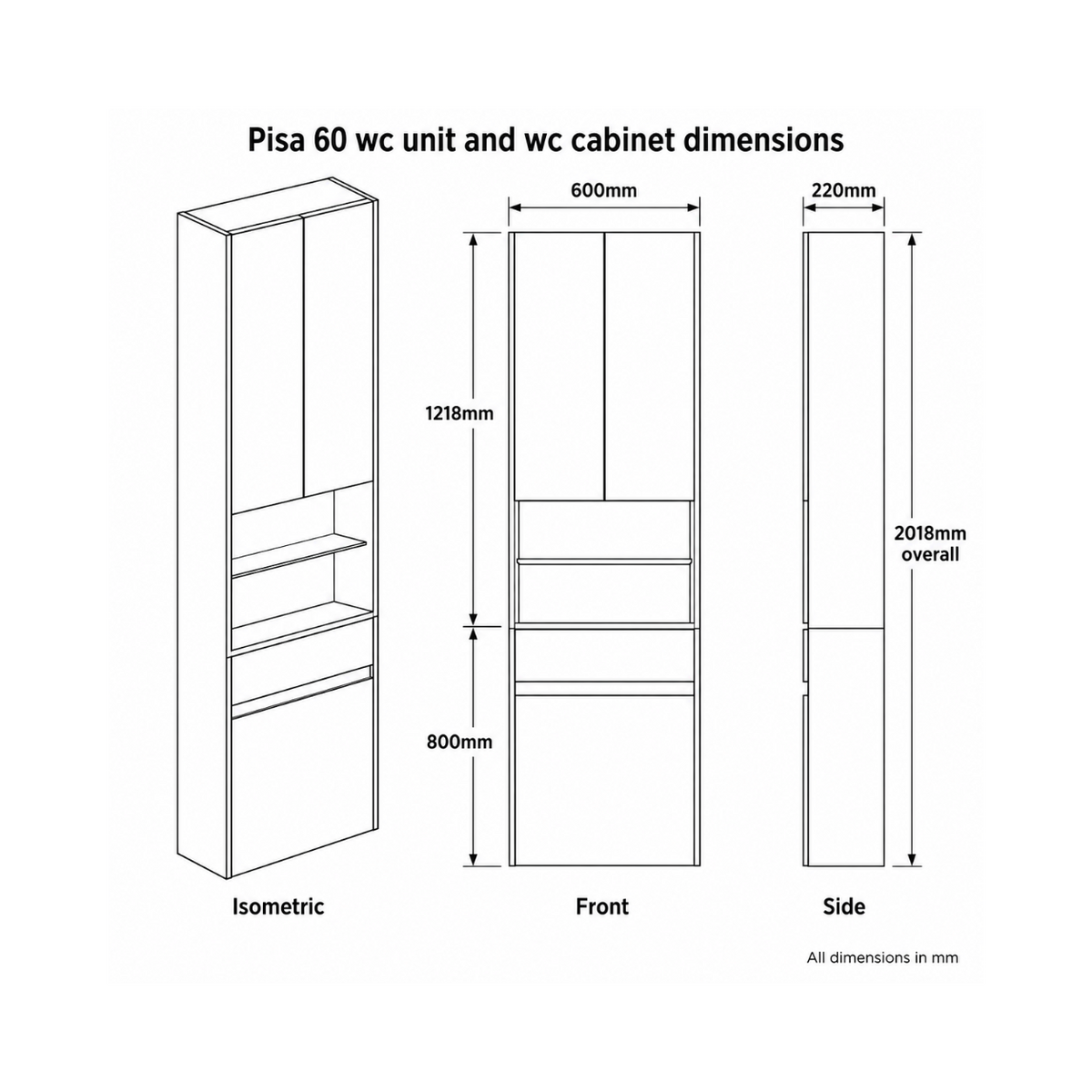 Pisa 60 WC Base Unit with Optional Wall Cabinet – Black/Sonoma Oak