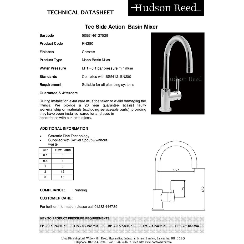Hudson Reed Tec Lever Side Action Basin Mixer