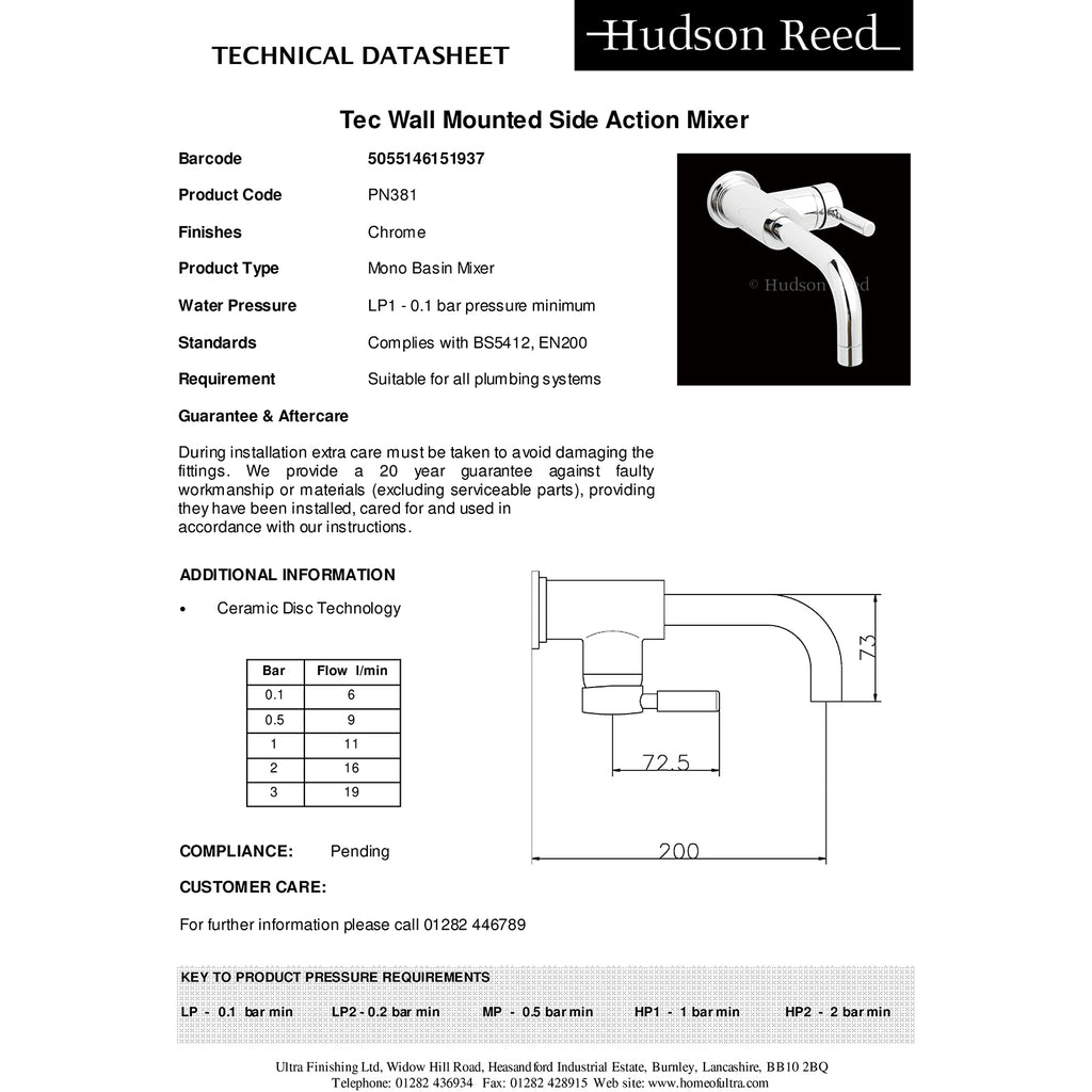 Hudson Reed Tec Lever Wall Mounted Side Action Basin Mixer