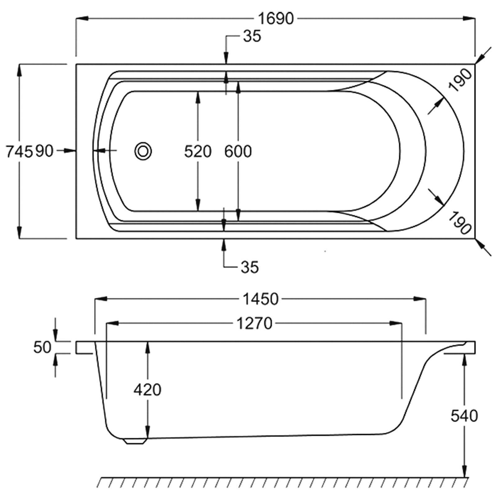 Carron Arc Single Ended Carronite Bath 1700 x 750mm