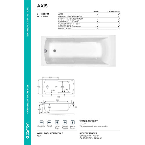 Carron Eco Axis Single Ended Carronite Bath 1500mm