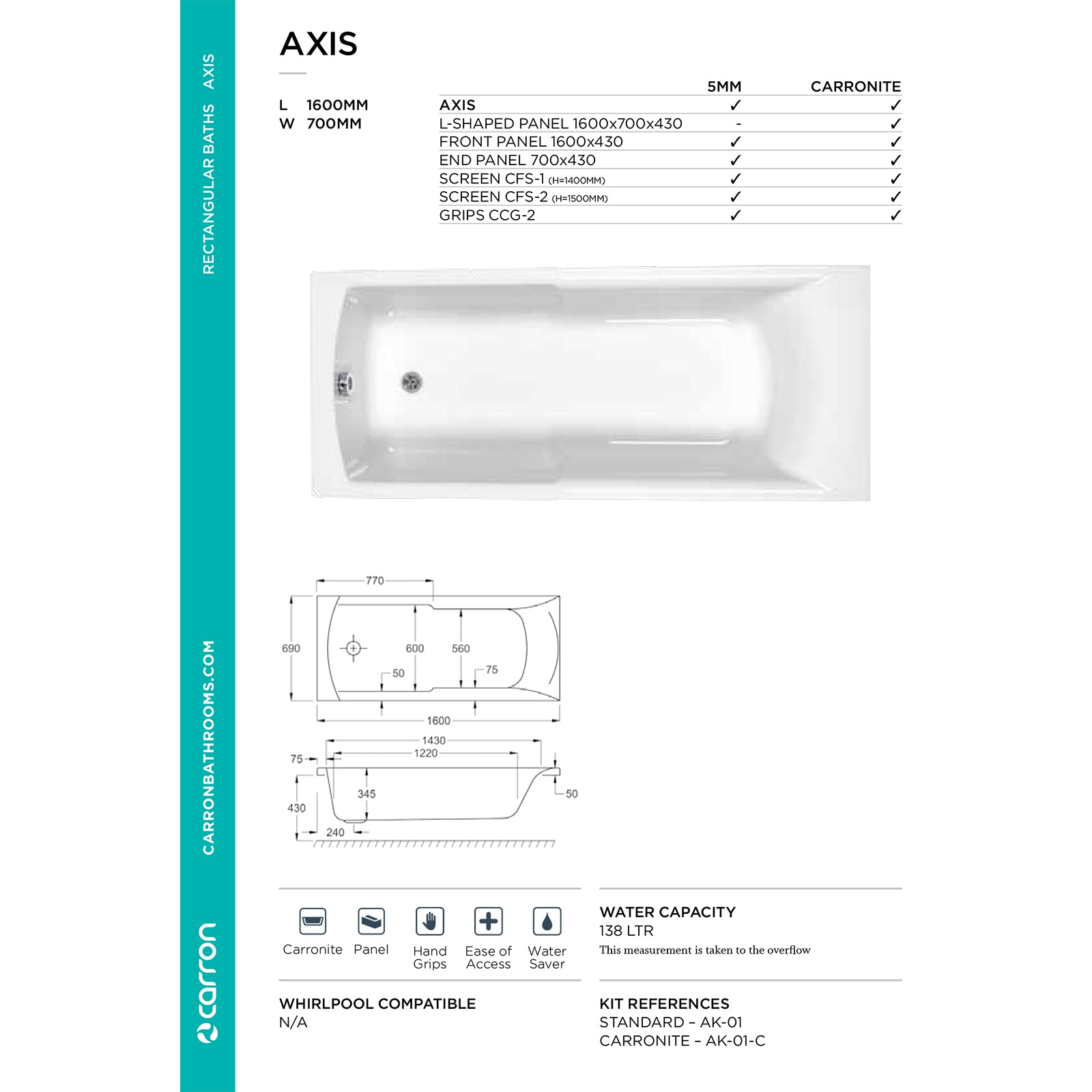 Carron Eco Axis Single Ended 5mm Bath 1600mm