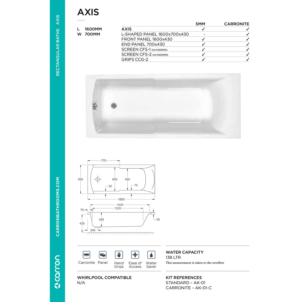 Carron Eco Axis Single Ended Carronite Bath 1600mm