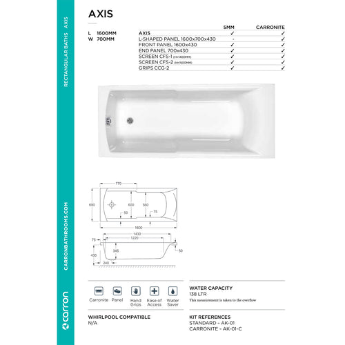 Carron Eco Axis Single Ended Carronite Bath 1600mm