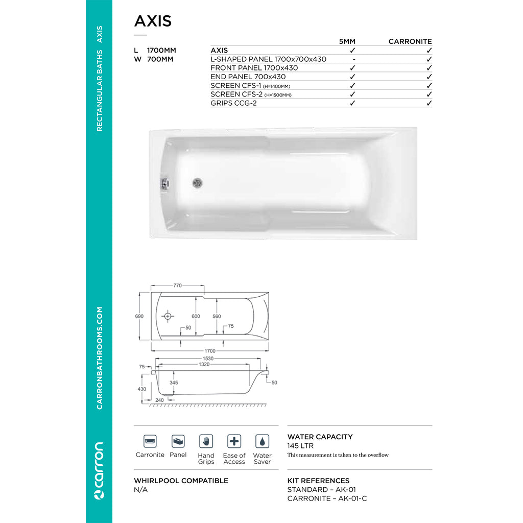 Carron Eco Axis Single Ended Carronite Bath 1700mm