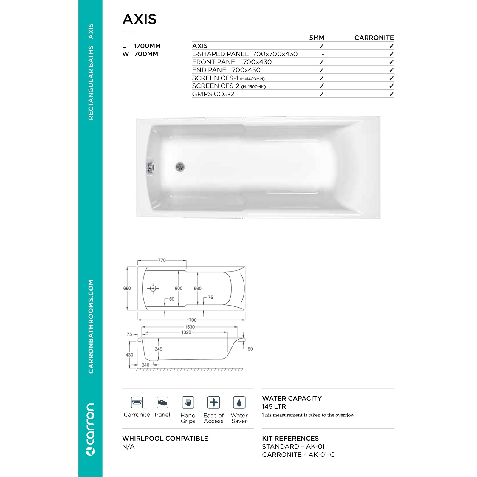 Carron Eco Axis Single Ended Carronite Bath 1700mm