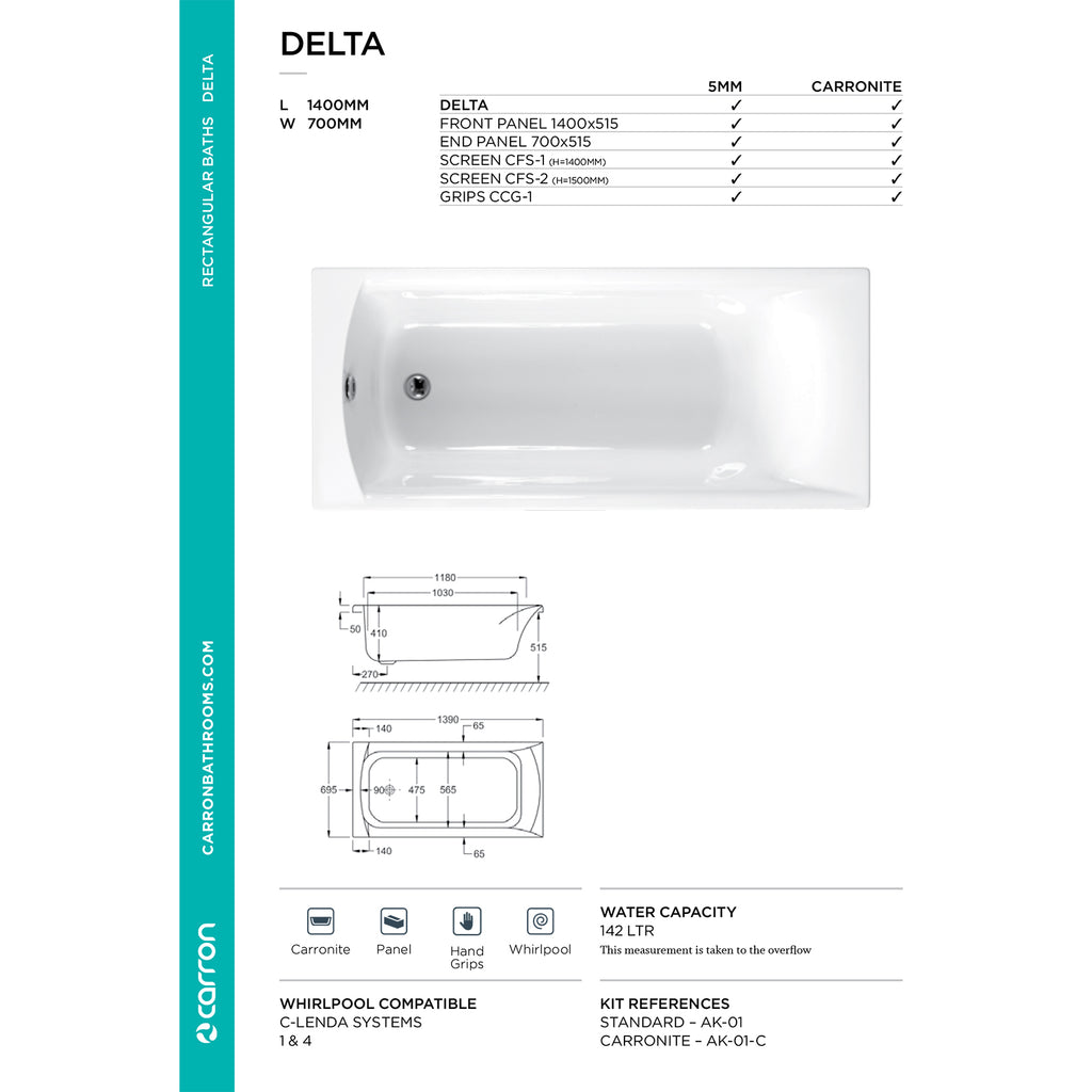 Carron Delta Single Ended 5mm Bath 1400mm