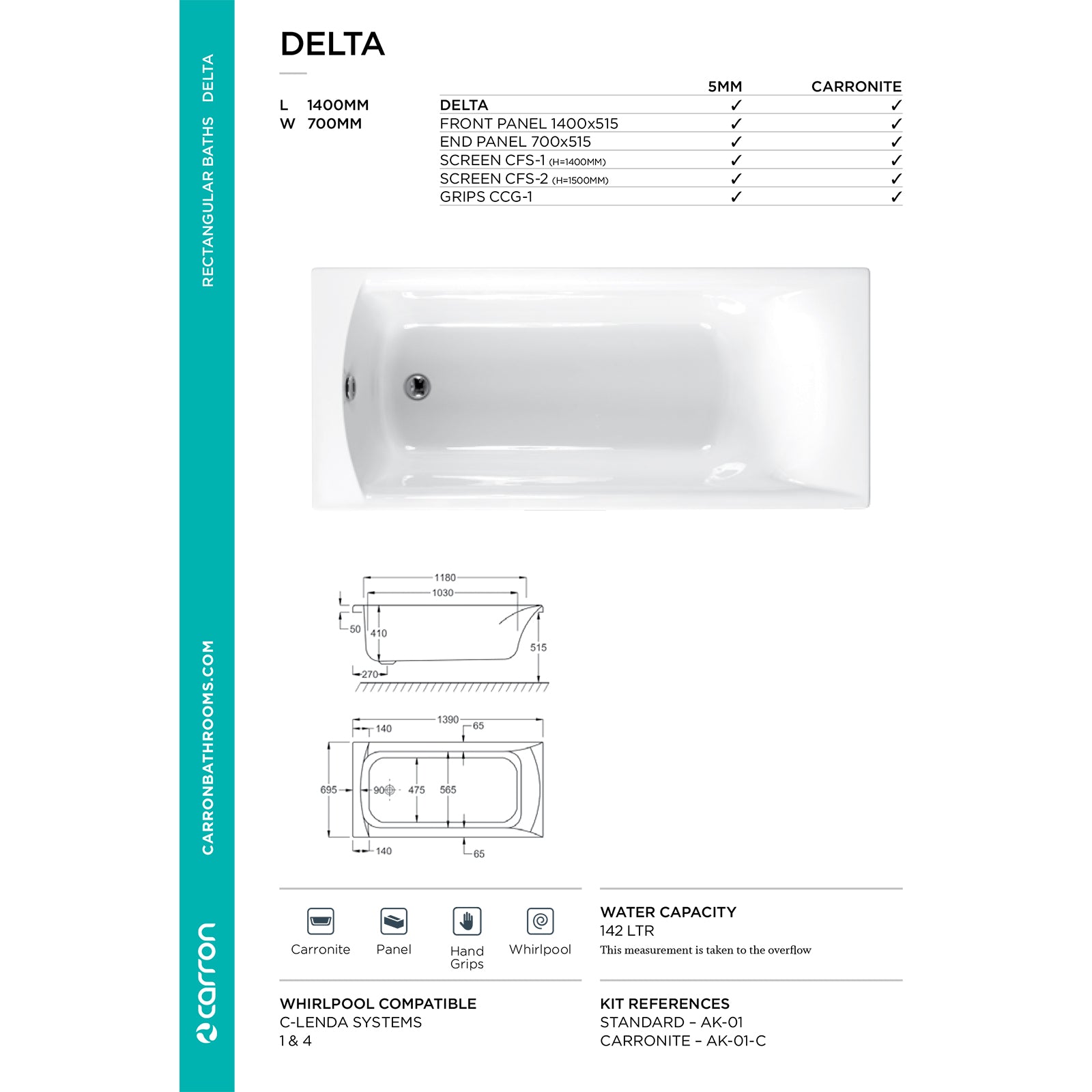 Carron Delta Single Ended 5mm Bath 1400mm