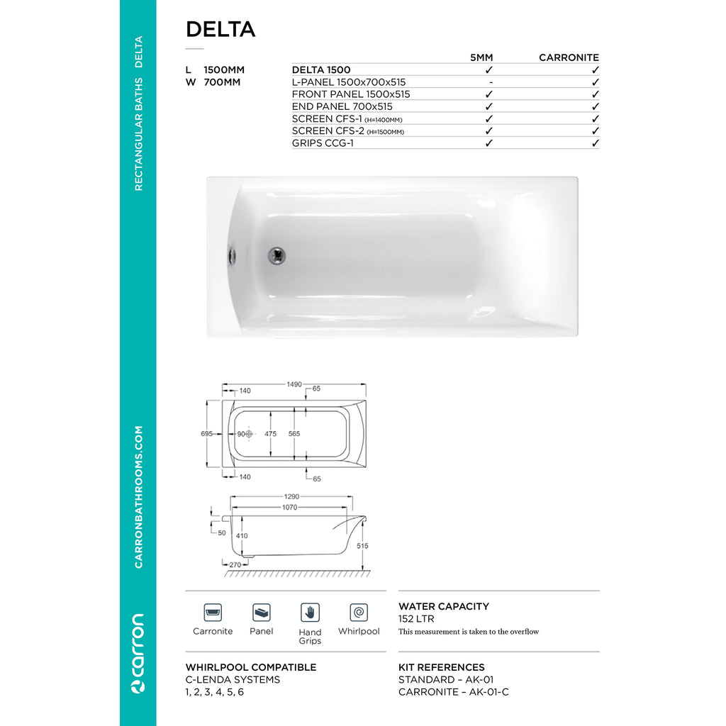 Carron Delta Single Ended 5mm Bath 1500mm