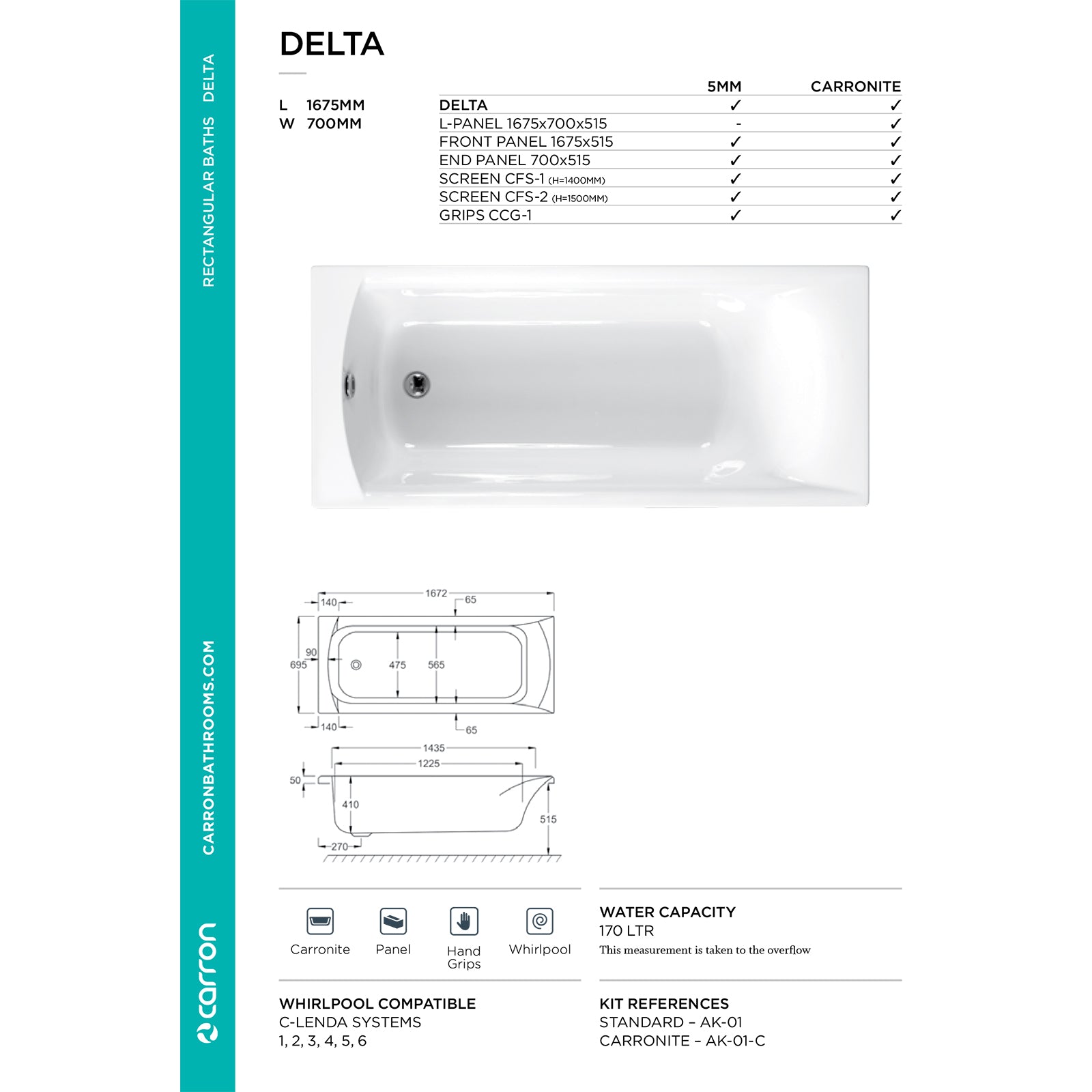 Carron Delta Single Ended 5mm Bath 1675mm