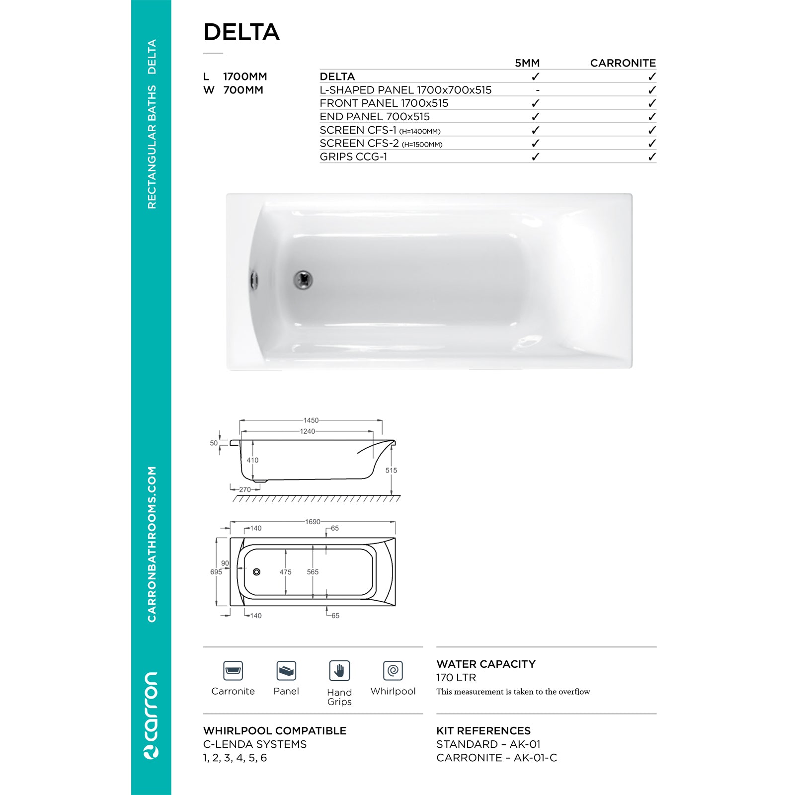 Carron Delta Single Ended Carronite Bath with Twin Grips 1700mm
