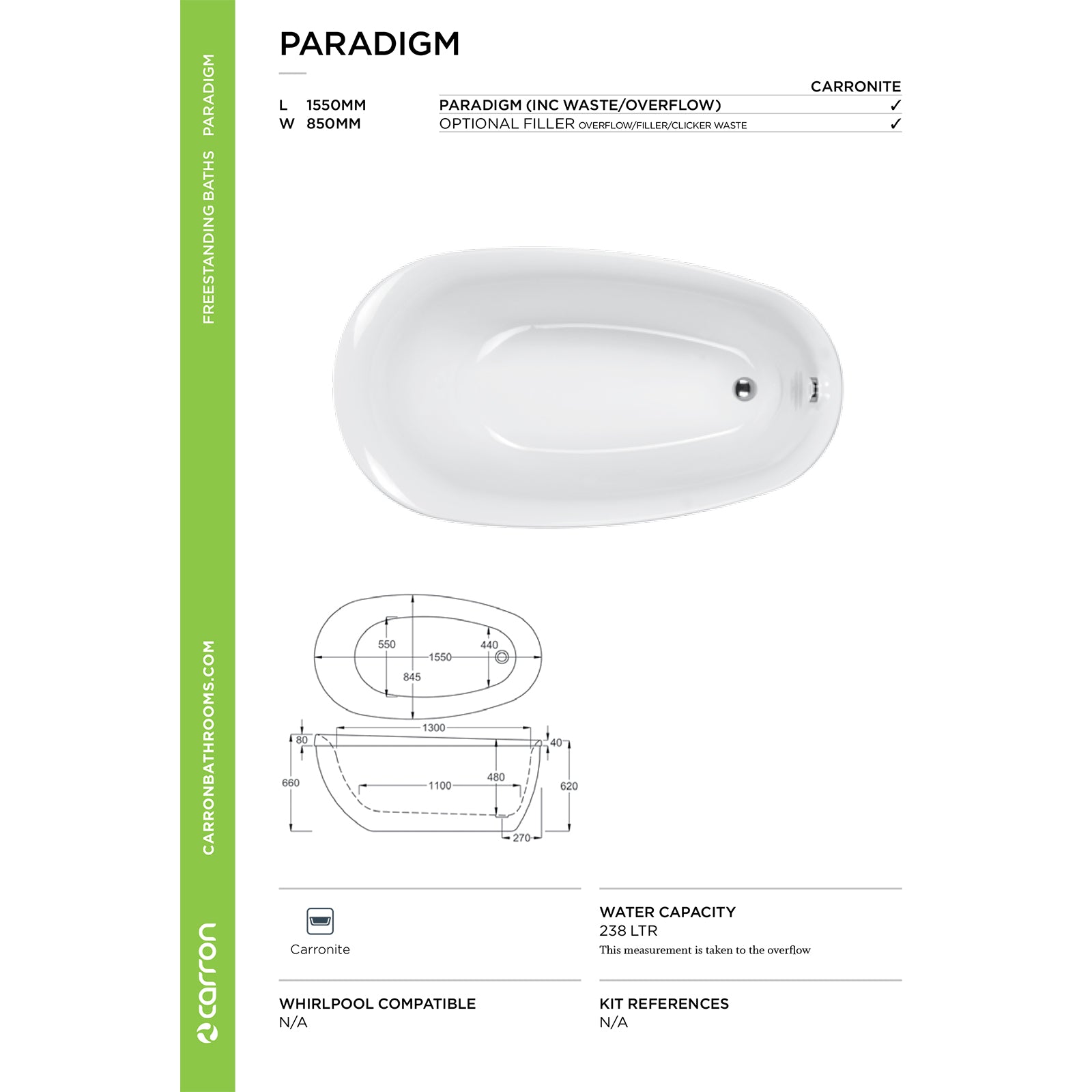 Paradigm Carronite Freestanding Bath with Filler