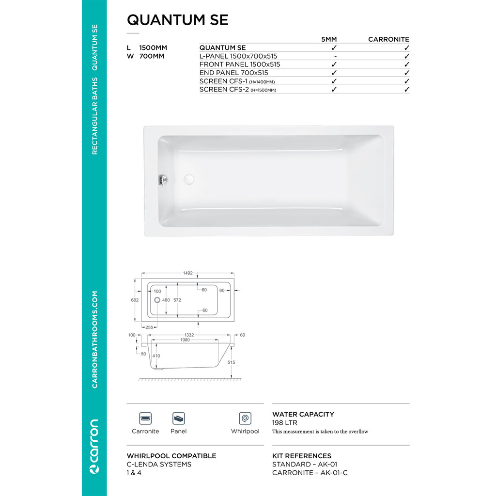 Carron Quantum Single Ended Carronite Bath 1500 x 700mm