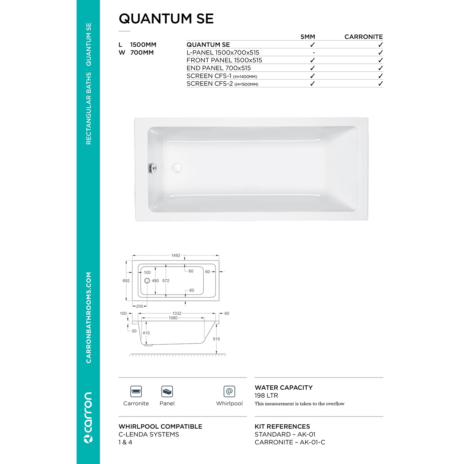 Carron Quantum Single Ended Carronite Bath 1500 x 700mm