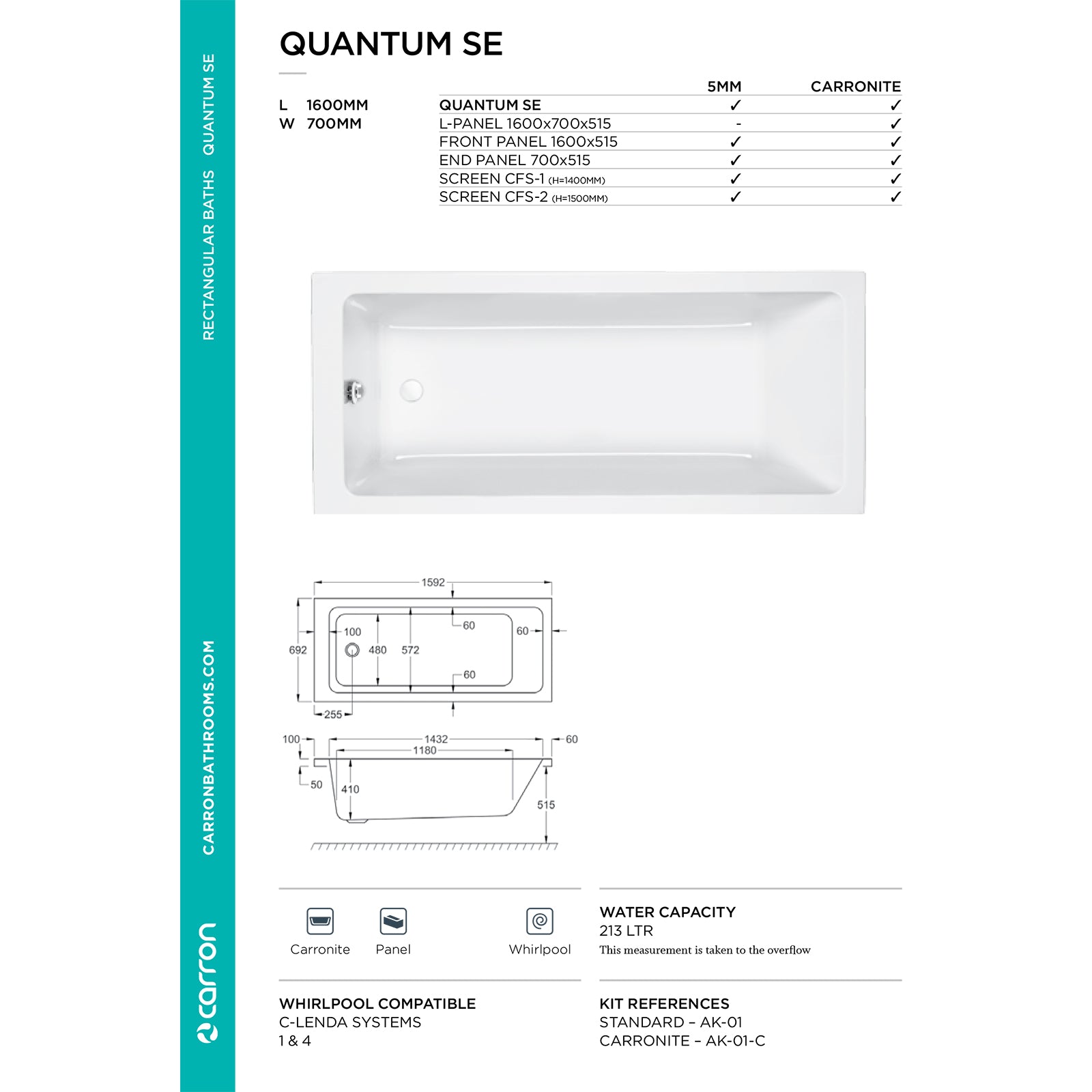 Carron Quantum Single Ended Carronite Bath 1600 x 700mm