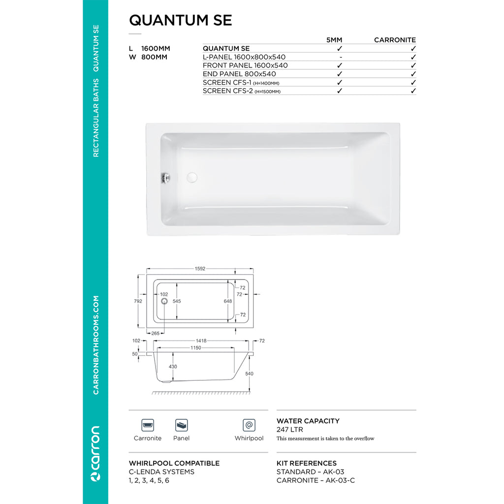 Carron Quantum Single Ended Carronite Bath 1600 x 800mm