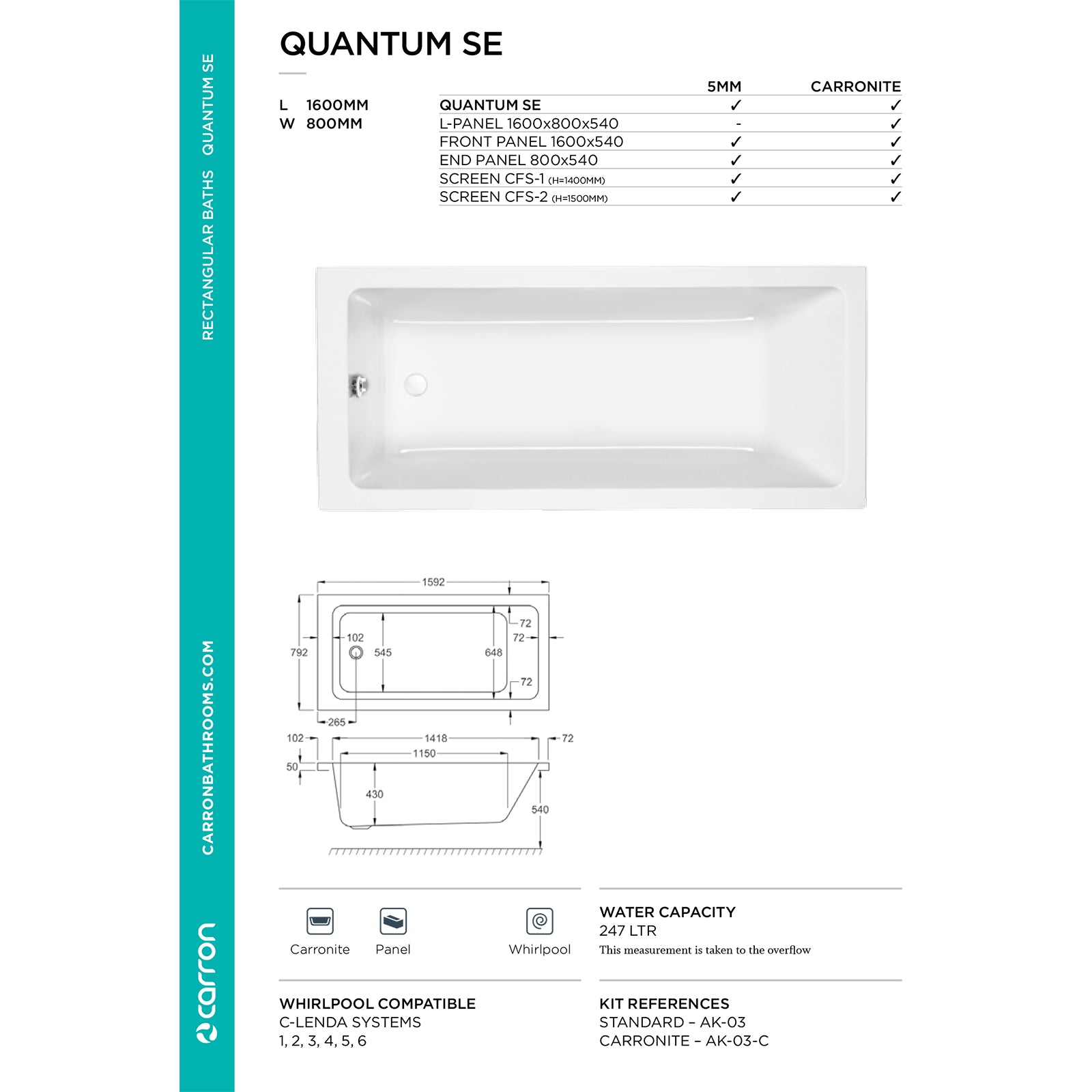 Carron Quantum Single Ended Carronite Bath 1600 x 800mm