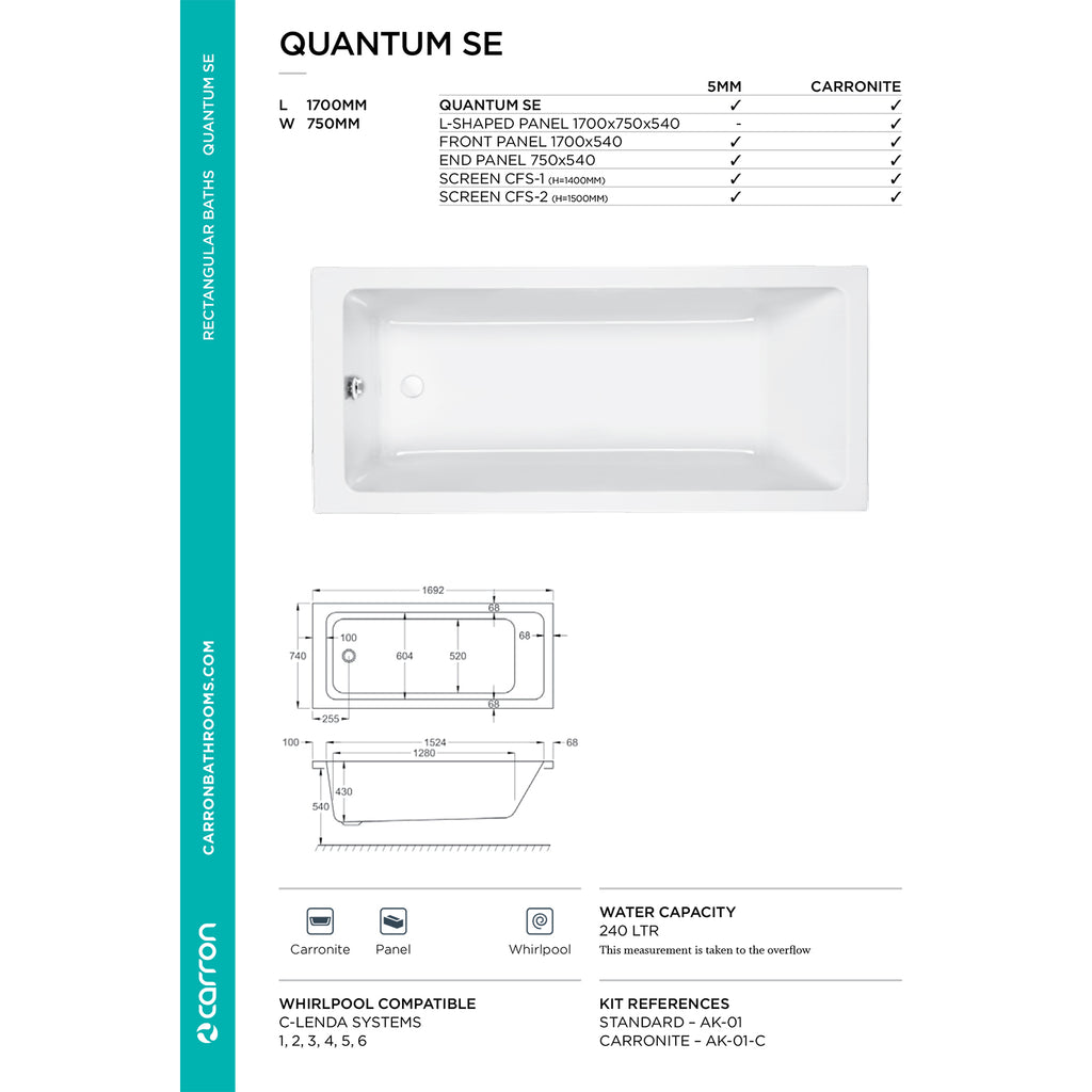 Carron Quantum Single Ended Carronite Bath 1700 x 750mm