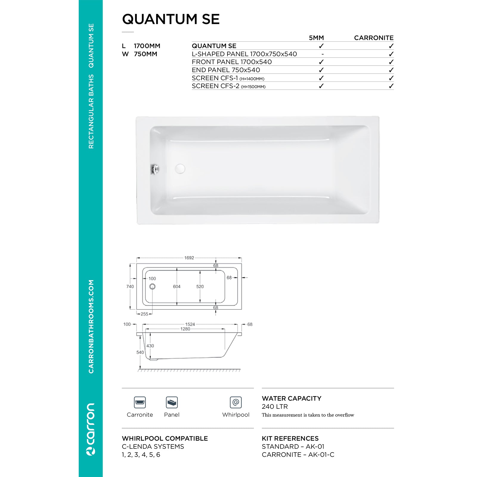 Carron Quantum Single Ended Carronite Bath 1700 x 750mm