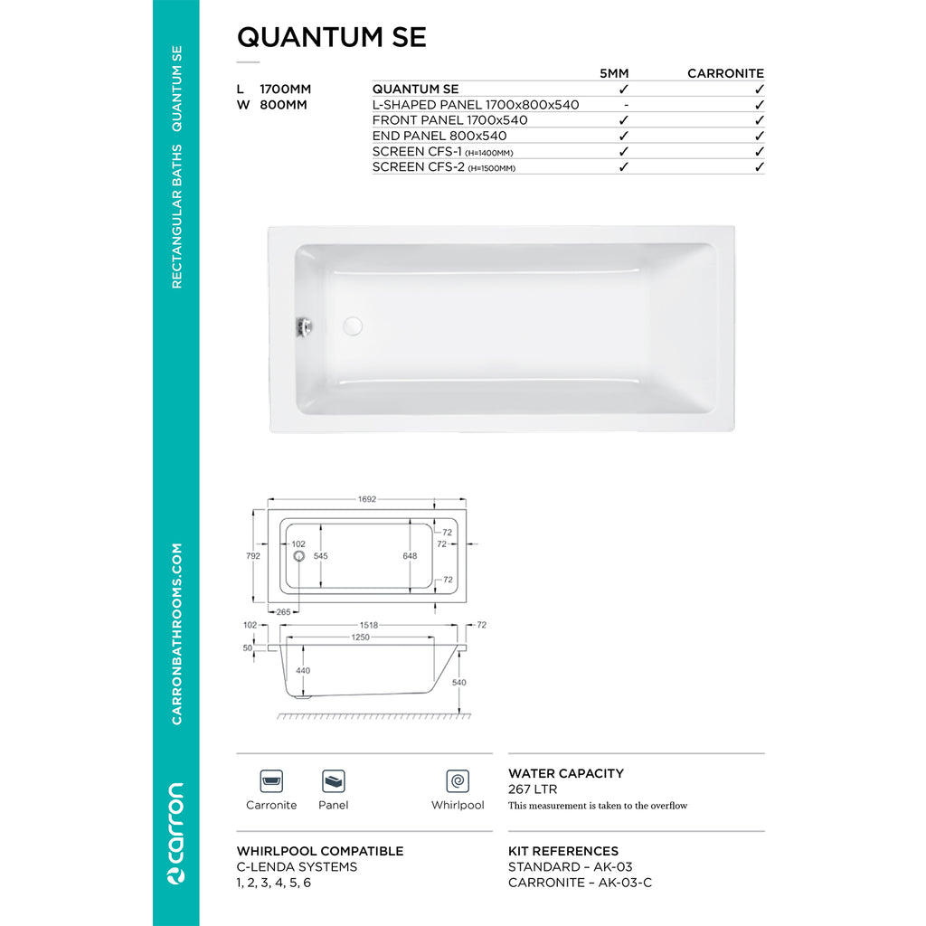 Carron Quantum Single Ended Carronite Bath 1700 x 800mm