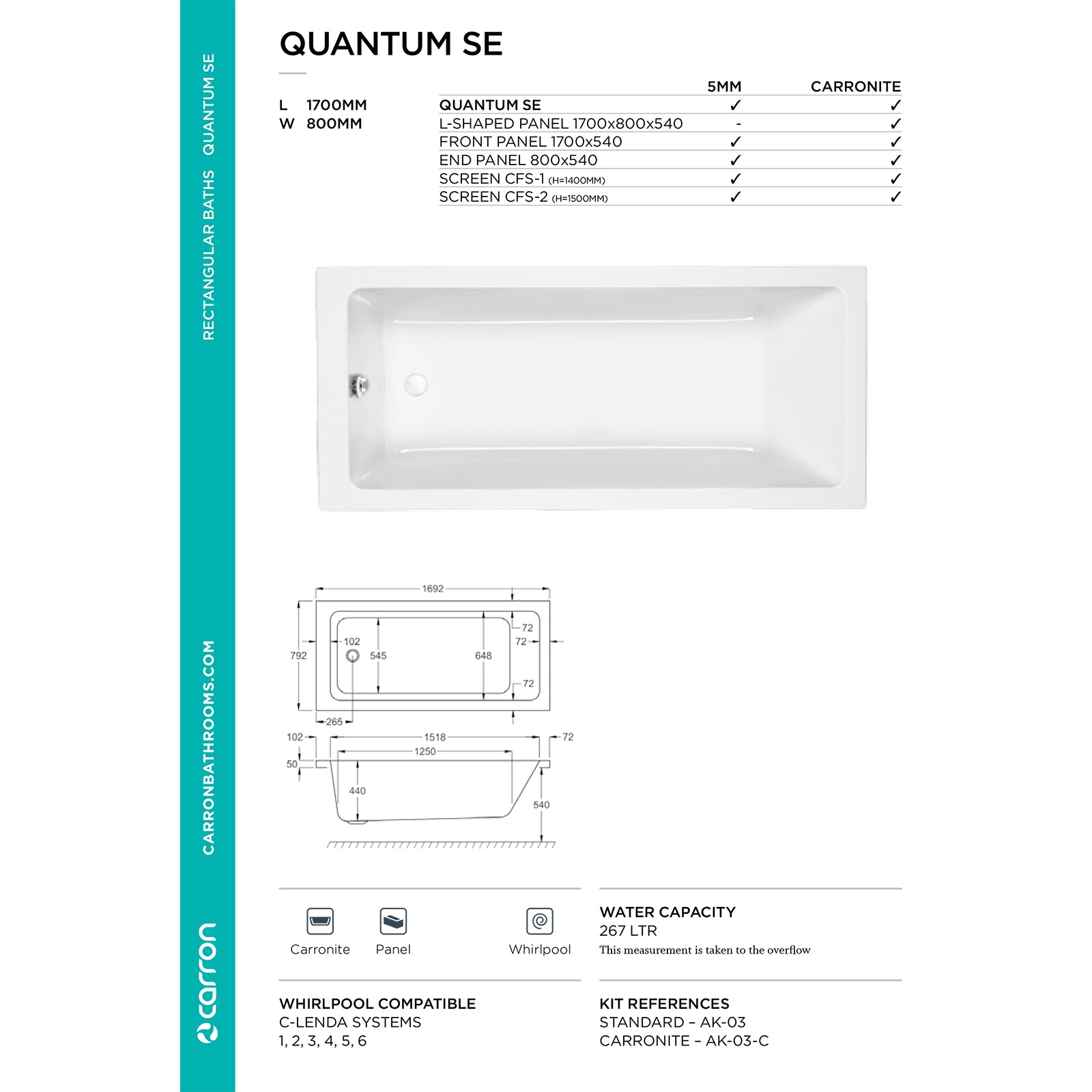 Carron Quantum Single Ended Carronite Bath 1700 x 800mm