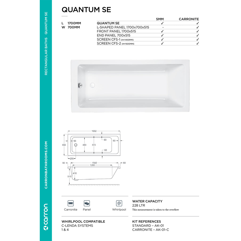 Carron Quantum Single Ended Carronite Bath 1700 x 700mm
